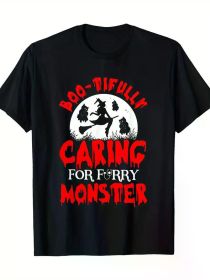 [Comfort Fit] Men's Halloween Veterinary Assistant T-Shirt - "Caring for Furry Monsters" Witch & Dog Design, 100% Cotton, Knit, Slim Fit (Color: Black, size: XXL)