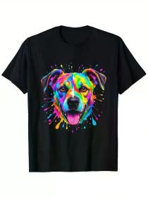 Colorful Dog Print Men's Summer Short Sleeve Cotton T-Shirt - Vibrant Design, Comfortable Fit, (Color: Black, size: L)
