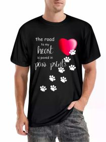 The road to my heart is paved with paw prints. Men's dog T-shirt, men's interesting pattern t-shirt, short-sleeved novelty t-shirt, classic fit (Color: Black, size: XXL)