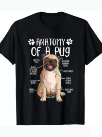 1pc Funny Pug Dog Anatomy Graphic T-Shirt, 100% Cotton Crew Neck Short Sleeve Tee, All-Season Knit Fabric Pullover for Adults (Color: Black, size: L)