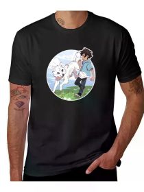 Men's Casual Anime T-Shirt with Dog and Boy Illustration - Soft Cotton, Short Sleeve, Round Neck, (Color: Black, size: L)