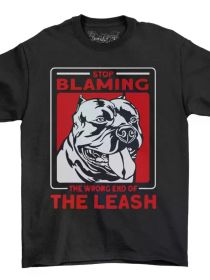 Men's XL Bully Dog Graphic T-Shirt - "Stop Blaming The Wrong End of the Leash" Funny Print, (Color: Black, size: L)