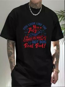 1pc Men's Patriotic 4th of July Cotton T-Shirt - "You Look Like the 4th of July" Hot Dog Print, Casual Short Sleeve, Crew Neck (Color: Black, size: L)