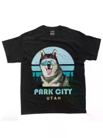 Park City Utah Siberian Husky Ski T-Shirt - Comfy 100% Cotton, Fashionable Dog Lover Design with Fashion Glasses (Color: Black, size: XL)