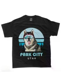 Park City Utah Siberian Husky Ski T-Shirt - Comfy 100% Cotton, Fashionable Dog Lover Design with Fashion Glasses (Color: Black, size: M)