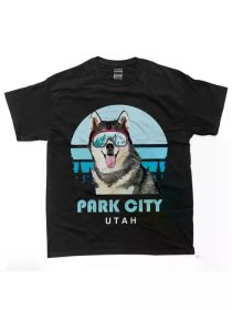 Park City Utah Siberian Husky Ski T-Shirt - Comfy 100% Cotton, Fashionable Dog Lover Design with Fashion Glasses (Color: Black, size: S)
