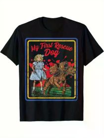 New Stylish My First Rescue Dog Print for Men Women Couple Fashion T-Shirt, Street Short Sleeve Cotton T-Shirt (Color: Black, size: XL)