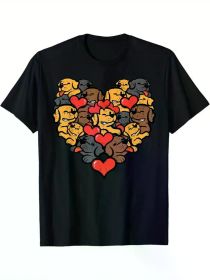 [Everyday Comfort] Valentine's Day Heart-Shaped Dog Faces Graphic T-Shirt - Black Cotton Tee for Men, Women, and Youngsters (Color: Black, size: S)