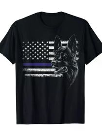 American Flag Blue Line Flag Patriotic K-9 Police Dog T-Shirt (Color: Black, size: XL)