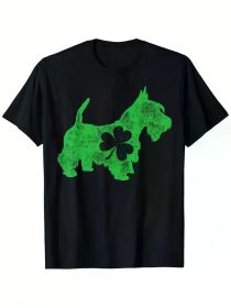 Scottie St. Patrick's Day Men's Shamrock Dog T-Shirt, 100% Cotton, One-Sided Print, Black Short Sleeve T-Shirt, St. Patrick's Day (Color: Black, size: S)