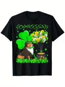 ucky Balloon Irish Shamrock Shepherd Dog St. Patrick's Day T-Shirt, 100% Cotton, Single Side Print, Black Short Sleeve T-Shirt, St. Patrick's Day (Color: Black, size: S)
