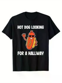 Men's Cotton T-Shirt With Hot Dog Printed, Casual Short Sleeve Round Neck Tee, Soft Comfortable Top (Color: Black, size: S)
