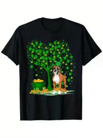 Shamrock Tree Leprechaun Hat Boxer Dog St. Patrick's Day T-Shirt, 100% Cotton, Single Side Print, Black Short Sleeve T-Shirt, St. Patrick's Day (Color: Black, size: XXXL)