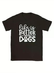 Life is Better with Dogs Men's Cotton T-Shirt, Regular Fit, Black with White Paw Print Design, (Color: Black, size: S)