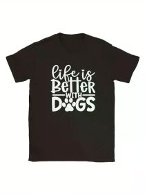 Life is Better with Dogs Men's Cotton T-Shirt, Regular Fit, Black with White Paw Print Design, (Color: Black, size: M)