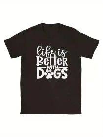 Life is Better with Dogs Men's Cotton T-Shirt, Regular Fit, Black with White Paw Print Design, (Color: Black, size: XXXL)