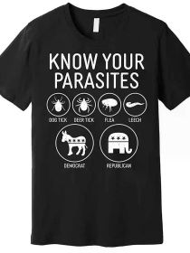 1pc Funny Political Meme Cotton T-Shirt - "Know Your Parasites" Graphic Tee with Dog Tick, Deer Tick, Flea, Leech, Democrat (Color: Black, size: L)