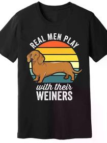 Dachshund Weiner Dog Real Play With Their Weiners Print for Men Women Couple Fashion T-Shirt, Street Short Sleeve (Color: Black, size: XL)