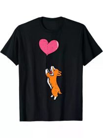 Valentine's Day Welsh Corgi Dog T-Shirt - Black Cotton Tee with Heart Balloon Design, Short Sleeves, Round Neck - Ideal for Men (Color: Black, size: XXL)