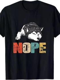 1pc Vintage "Nope" Siberian Husky Dog Graphic T-Shirt, Cotton Crew Neck, Short Sleeve, Regular Fit, Geometric Pattern (Color: Black, size: L)