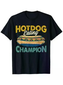 100% Cotton Knit Fabric T-Shirt - Unisex Casual Crew Neck with Applique Hot Dog Eating Graphic (Color: Black, size: L)