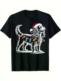 Festive Cavalier King Charles Spaniel Christmas T-Shirt - Men's Black Cotton Tee with Santa Hat Dog Design, Casual Short Sleeve Sportswear (Color: Black, size: M)