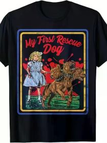 Vintage Game Horror, Dark Humor, My First Rescue Dog T-Shirt Funny Ghost Halloween T-Shirt (Color: Black, size: XXL)