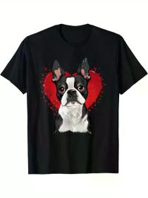 Men's Boston Terrier Valentine's Day T-Shirt - Cute Black and White Dog Heart Design, 100% Cotton, Short Sleeve, Round Neck, Casual Fit (Color: Black, size: L)