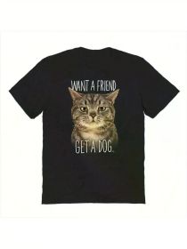 Haywood & Main 'Get a Dog' Cat Graphic Cotton T-Shirt, Comfortable & Stylish Casual Wear for (Color: Black, size: L)