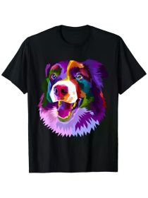 Border Collie Pop Art Portrait Colorful For Dog Owners T-Shirt, 100% Cotton, Single Side Printed, Black Short Sleeve T (Color: Black, size: M)