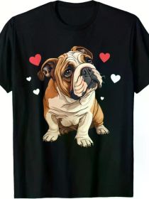 Men'S English Bulldog Valentine'S Day T-Shirt - Soft Cotton, Casual Round Neck, Comfortable Short Sleeve Top with Heart Print for Dog Lovers (Color: Black, size: XL)