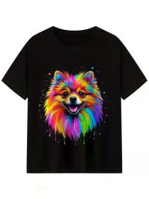 Men's Vibrant Pomeranian Dog Print T-Shirt - Short Sleeve Crew Neck, 100% Cotton, Black with Multicolor Splash Design, Casual Summer Tee (Color: Black, size: M)