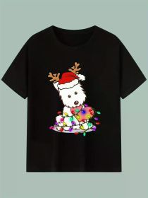 1pc Christmas Puppy Dog T-Shirt, 100% Cotton Crew Neck Short-Sleeve Tee, Festive Heat Transfer Holiday Top, Sports Style, Regular Fit (Color: Black, size: M)