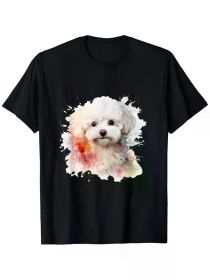 1pc Bichon Frise Watercolor Dog Print T-Shirt, 100% Cotton Crew Neck Short Sleeve Tee, (Color: Black, size: S)