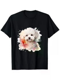 1pc Bichon Frise Watercolor Dog Print T-Shirt, 100% Cotton Crew Neck Short Sleeve Tee, (Color: Black, size: L)