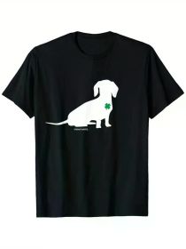 Clover Wiener Dog Pattern - Lucky Heart T-shirt, 100% cotton, one-sided print, black short-sleeved T-shirt (Color: Black, size: XXXL)