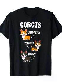 Corgi Humor Graphic T-Shirt, 100% Cotton, Crew Neck, Short Sleeve, Regular Fit, Medium Stretch, Knit Fabric, Geometric Dog Toasting Pattern (Color: Black, size: L)