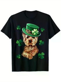 Yorkshire Terrier Shirt St. Patrick's Day Dog Clover T-Shirt, 100% Cotton, Single Side Print, Black Short Sleeve T-Shirt, St. Patrick's Day (Color: Black, size: L)