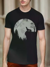 Men's Casual Dachshund Moon Pattern T-Shirt - Fun Howling Wiener Dog Design, Black Cotton Short Sleeve T-Shirt (Color: Black, size: M)